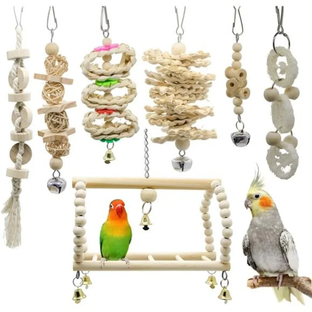 7 Packs Bird Parrot Swing Chewing Toys-Hanging Bell Bird Cage Toys for Parakeets